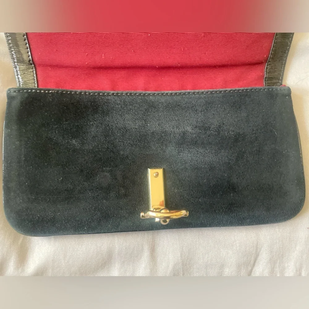 Talbots Black Genuine Suede Horsebit Clutch Handbag Purse Gold Clasp Classic Bag